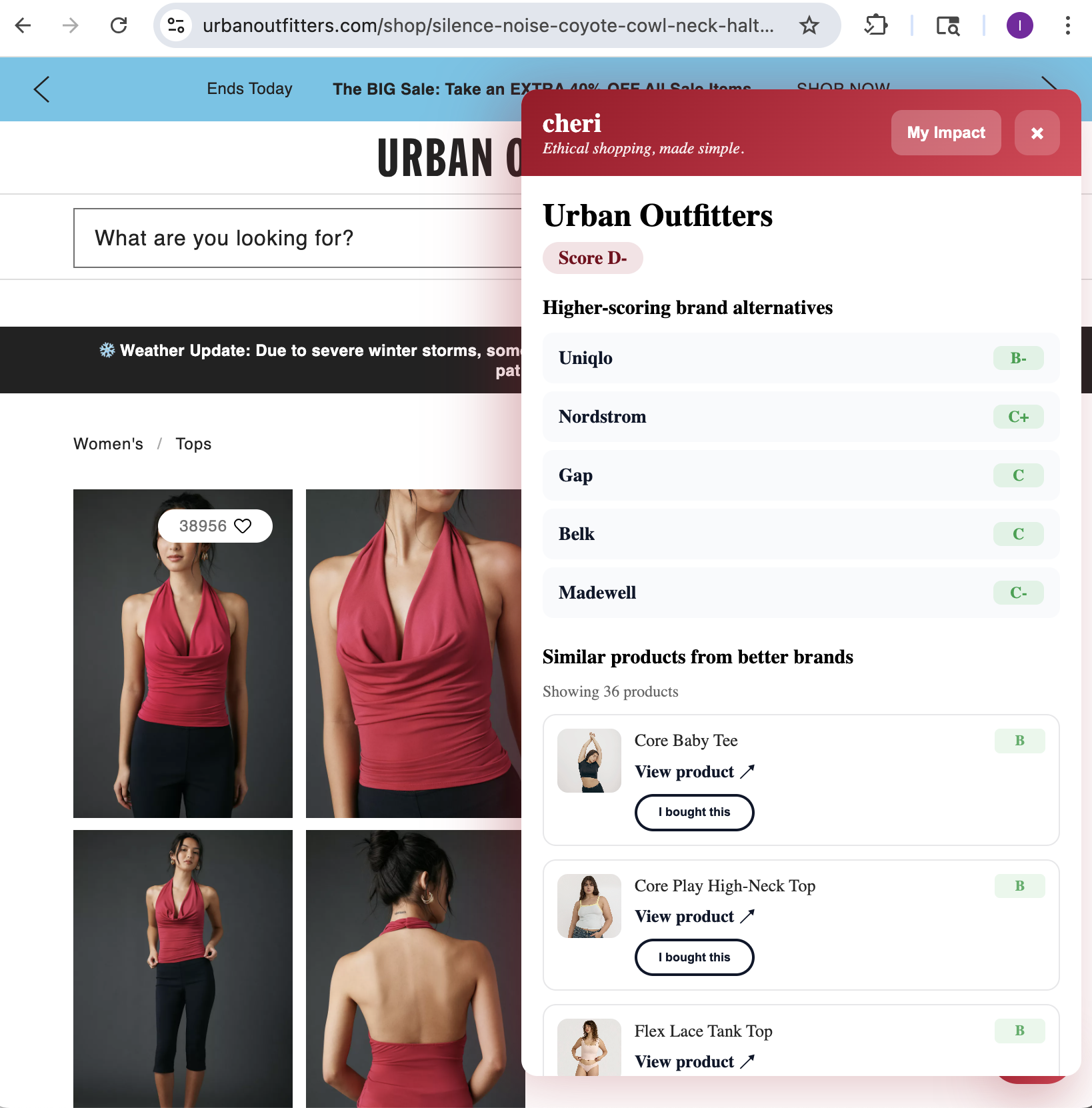 Cheri on a retailer page showing ethical alternatives